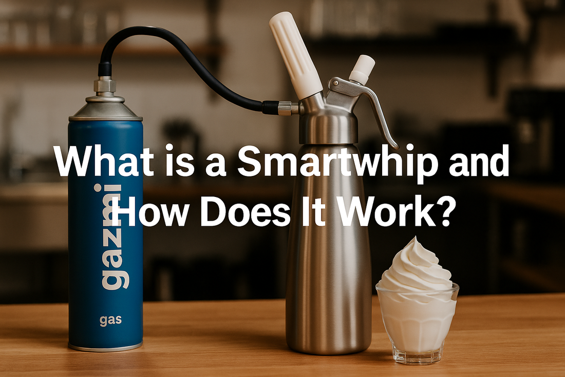 photo of gazmi gas canister next to a sleek cream dispenser and whipped cream dessert, styled in a professional kitchen setting. Focus on gazmi gas for smooth and airy cream making.