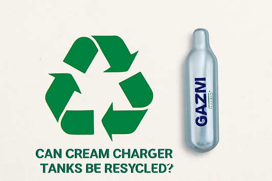This image features the question "Can Cream Charger Tanks Be Recycled?" with a green recycling symbol on the left and a shiny Gazmi Gas cream charger tank on the right. The textured off-white background enhances the eco-friendly theme.