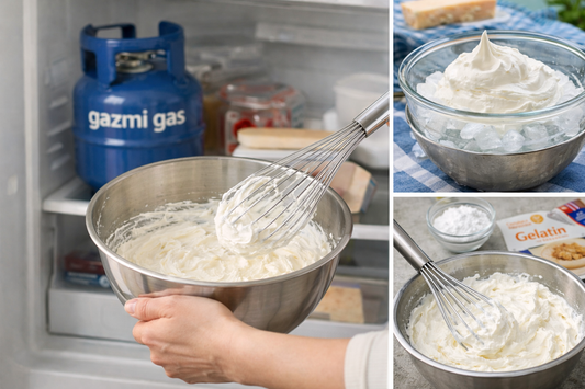 A bowl of whipped cream being prepared and chilled in a kitchen, with stabilizing ingredients and Gazmi Gas equipment visible in the background.