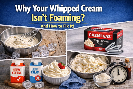 whipped cream preparation, with a bowl of cream, whisk, heavy vs light cream comparison, Gazmi Gas whipped cream chargers, and a finished bowl of fluffy whipped cream.