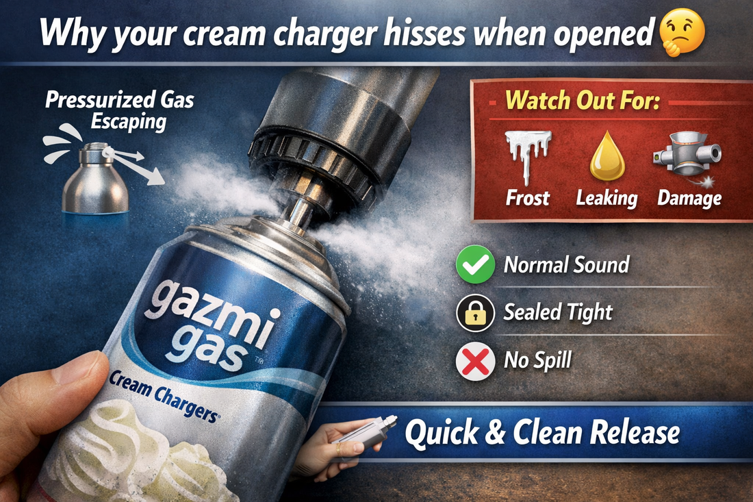 Gazmi Gas cream charger releasing pressurized gas as it is opened, explaining the common hissing sound during normal operation.