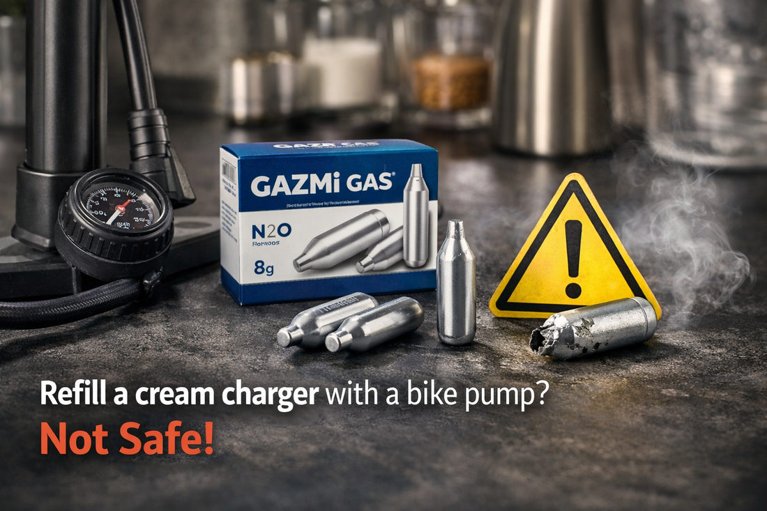 image showing Gazmi Gas N2O cream chargers next to a bike pump, highlighting the safety risk of refilling cream chargers with air and emphasizing proper, food-grade usage.