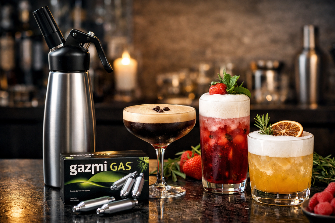 Gazmi Gas cream charger and stainless steel cream whipper displayed with foam-topped cocktails, showing modern mixology techniques for cocktails and drinks.