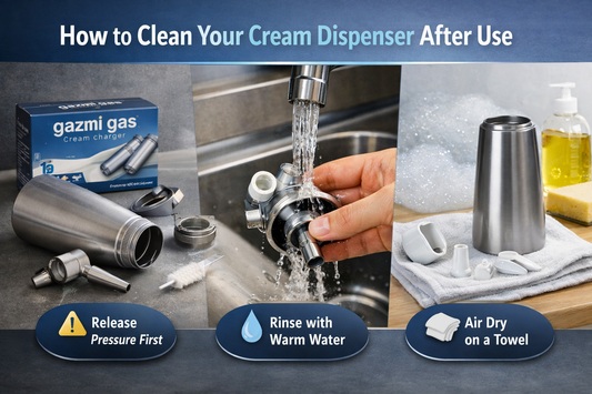Step-by-step cream dispenser cleaning process, including rinsing with warm water and air drying, featuring a stainless steel whipped cream dispenser and Gazmi Gas cream chargers.