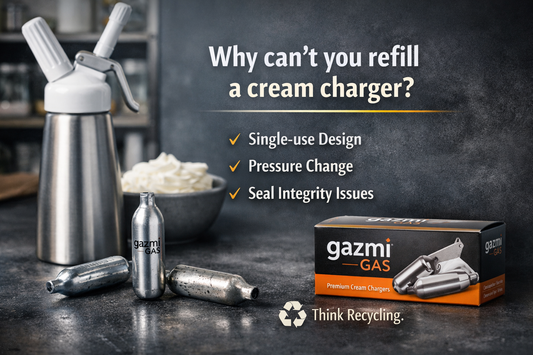 Gazmi Gas food-grade cream chargers vertical banner image featuring stainless steel single-use cartridges, professional whipped cream dispenser, premium kitchen setting, safe usage and recycling awareness concept