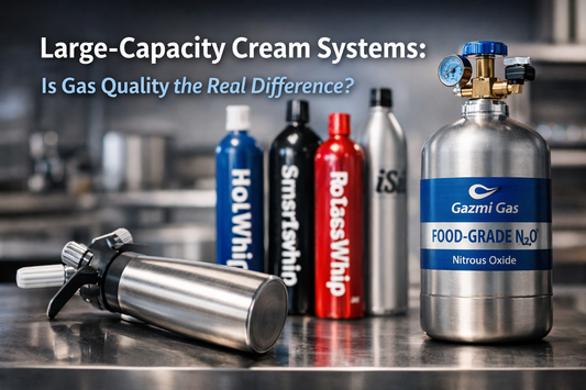 Food-grade nitrous oxide supplier Gazmi Gas with large-capacity cream systems such as Smartwhip, Hotwhip, Rotasswhip and iSi for professional catering and distribution