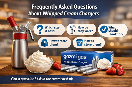Gazmi Gas whipped cream charger FAQ banner with whipped cream dispenser, fresh whipped cream, strawberries, and product box in a modern kitchen setting