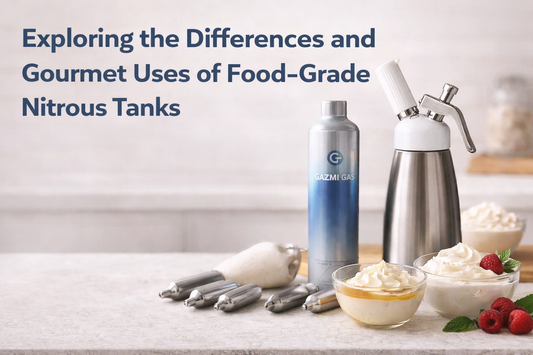 Gazmi Gas food-grade nitrous tank with whipped cream dispenser and plated dessert cream in a modern kitchen