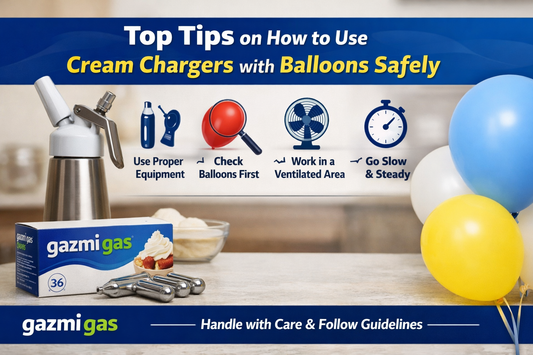 Cream charger safety guide with balloons, Gazmi Gas charger box, whipped cream dispenser, gas cartridges, and practical tips for proper equipment use in a ventilated area