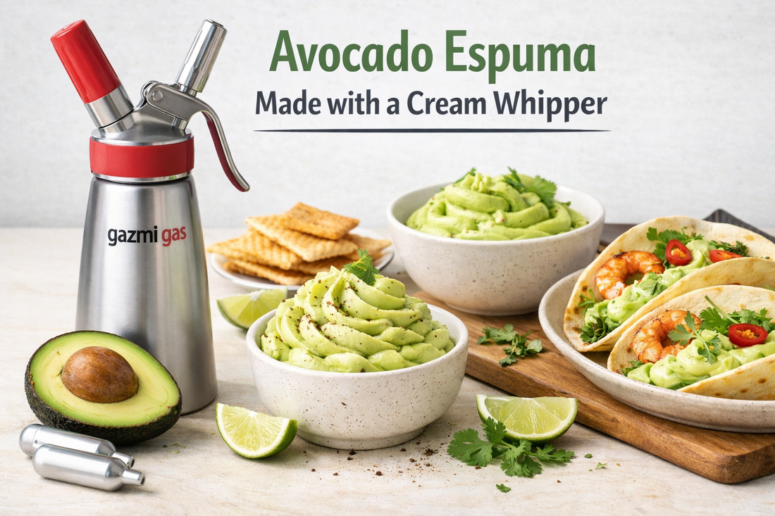 Cream whipper avocado espuma recipe with Gazmi Gas whipped cream dispenser, avocado foam, shrimp tacos, lime, and elegant minimalist culinary presentation