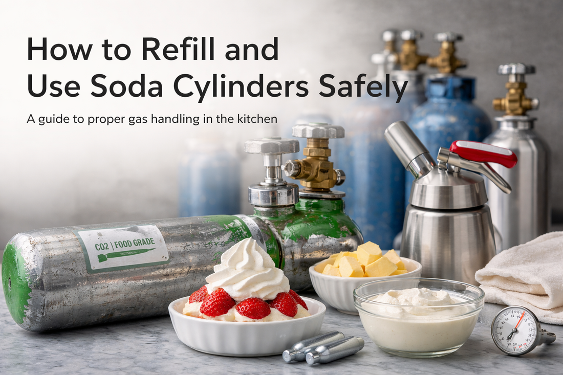 Food-grade CO₂ cylinder, whipped cream dispenser, and fresh cream ingredients on a clean kitchen surface, illustrating safe gas handling and beverage applications