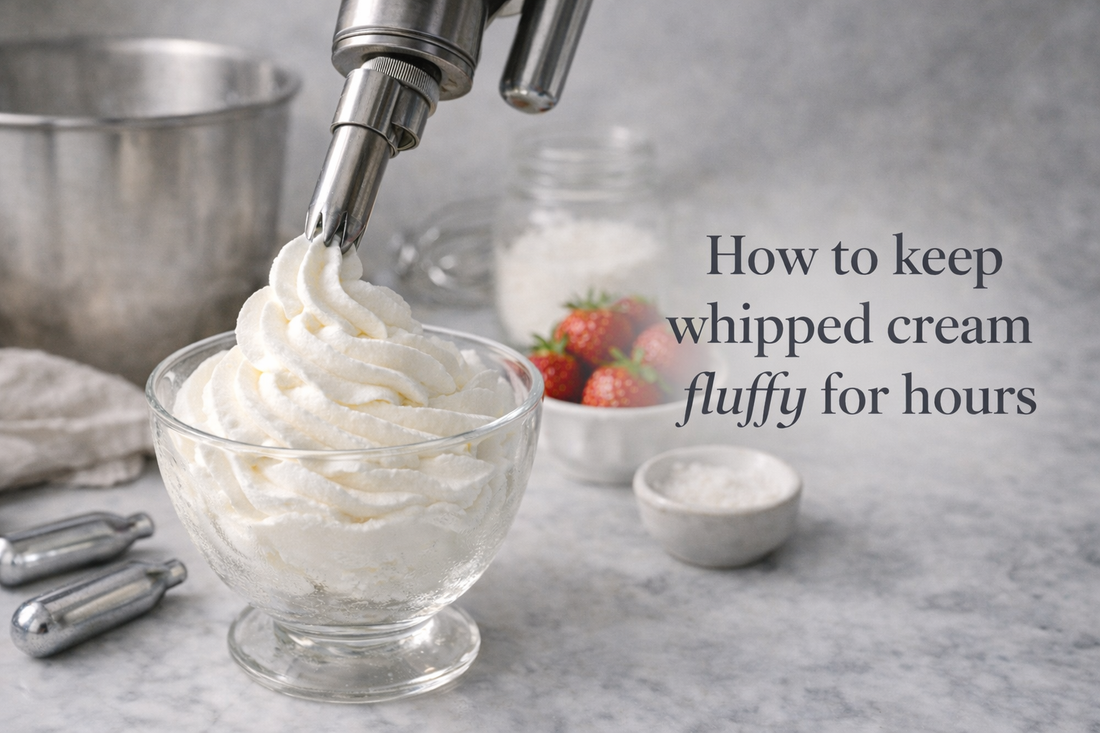 Fresh whipped cream being dispensed with a cream charger into a glass bowl, showing smooth texture, stable peaks, and professional kitchen setup for long-lasting fluffy whipped cream