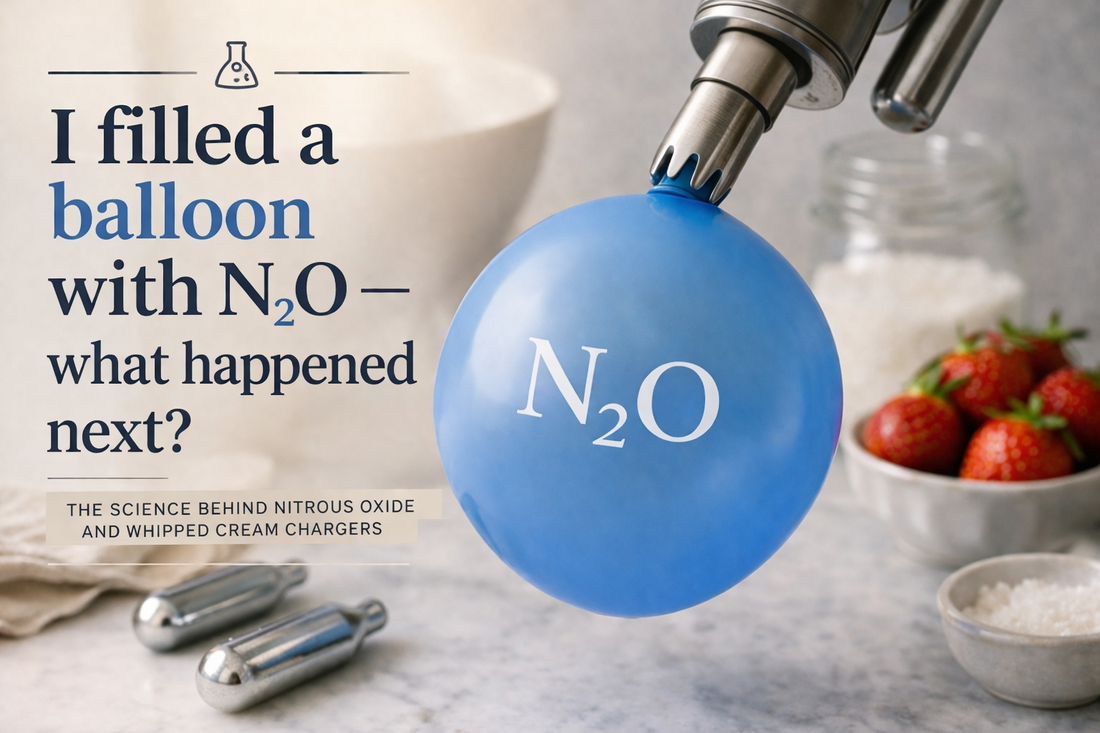 Balloon filled with nitrous oxide (N₂O) connected to a whipped cream charger, illustrating the science behind N₂O gas behavior and whipped cream foam formation