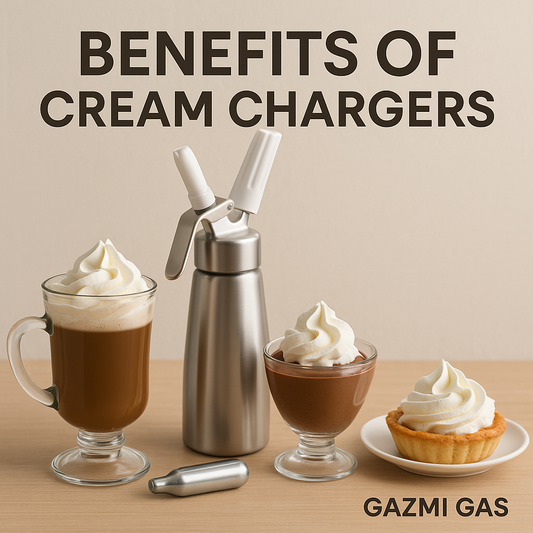 High-resolution photo of cream chargers and whipped cream dispenser by Gazmi Gas, showcasing benefits of cream chargers with coffee, chocolate mousse, and tart topped with fresh whipped cream on a wooden table.