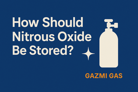 A blue background graphic with bold white text asking ‘How Should Nitrous Oxide Be Stored?’, a simple cylinder icon, and the words ‘Service Gazmi’ in orange at the bottom.