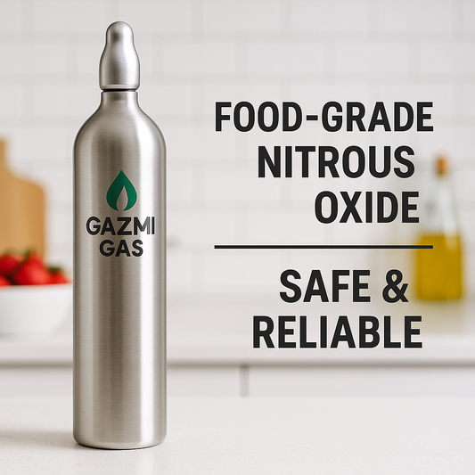 Gazmi Gas food-grade nitrous oxide cylinder on a kitchen counter with text “Safe & Reliable.”