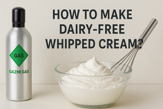 A horizontal image showing a Gazmi Gas canister and a bowl of fluffy dairy-free whipped cream with a whisk, under the title “How to Make Dairy-Free Whipped Cream?”.