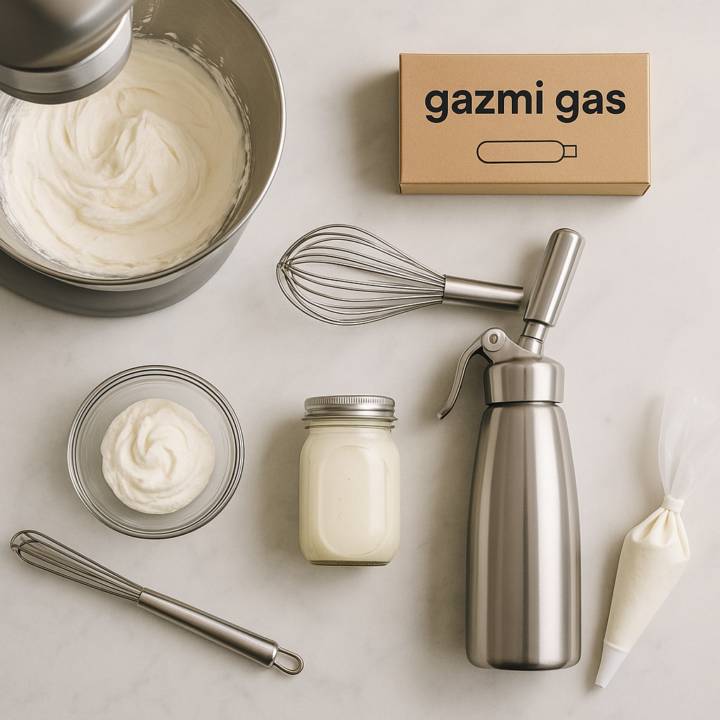 Flat-lay of Gazmi Gas chargers and baking tools—more at the Gazmi Gas website.