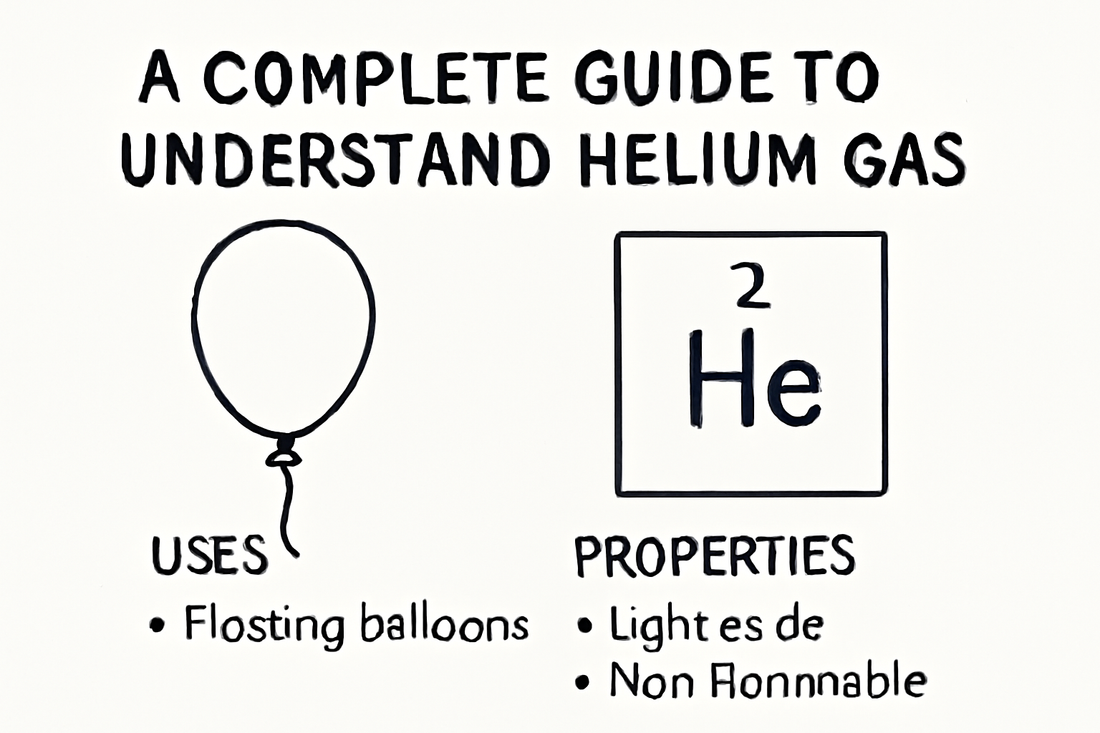 An infographic titled "A Complete Guide to Understand Helium Gas," featuring key points about helium's uses and properties, with the text "Gazmi Gas" included in the design.