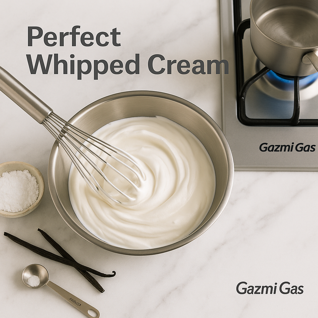 Whipped cream in a steel bowl with whisk; Gazmi Gas burner glowing.
