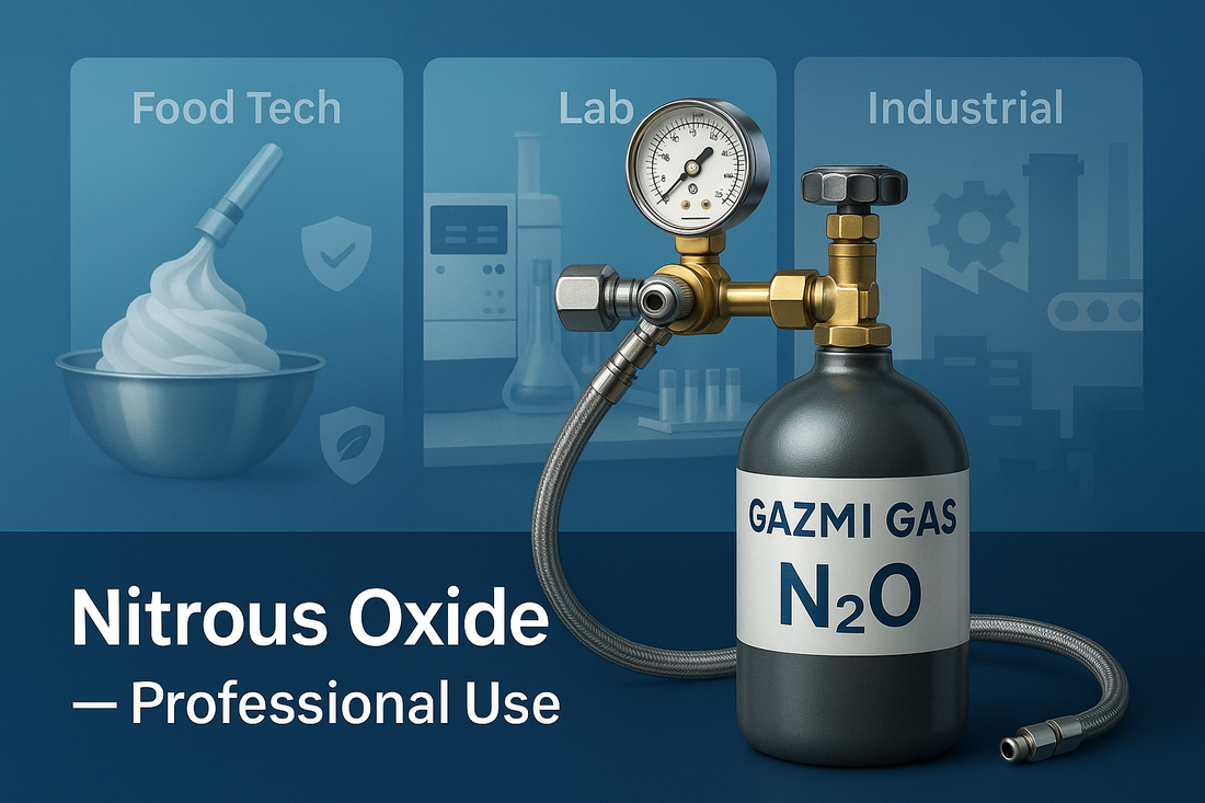 Gazmi Gas nitrous oxide (N2O) cylinder and regulator for professional food processing, laboratory, and industrial use—safety and compliance.