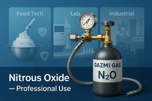 Gazmi Gas nitrous oxide (N2O) cylinder and regulator for professional food processing, laboratory, and industrial use—safety and compliance.