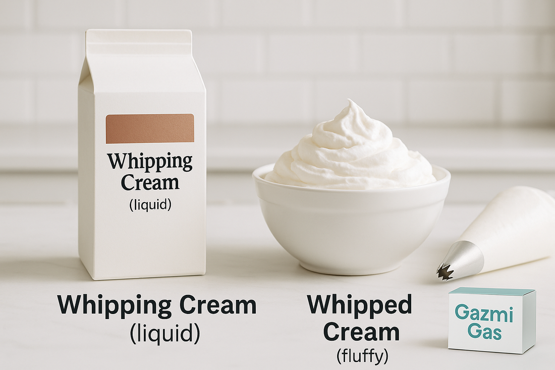 Whipping cream vs whipped cream comparison featuring Gazmi Gas.