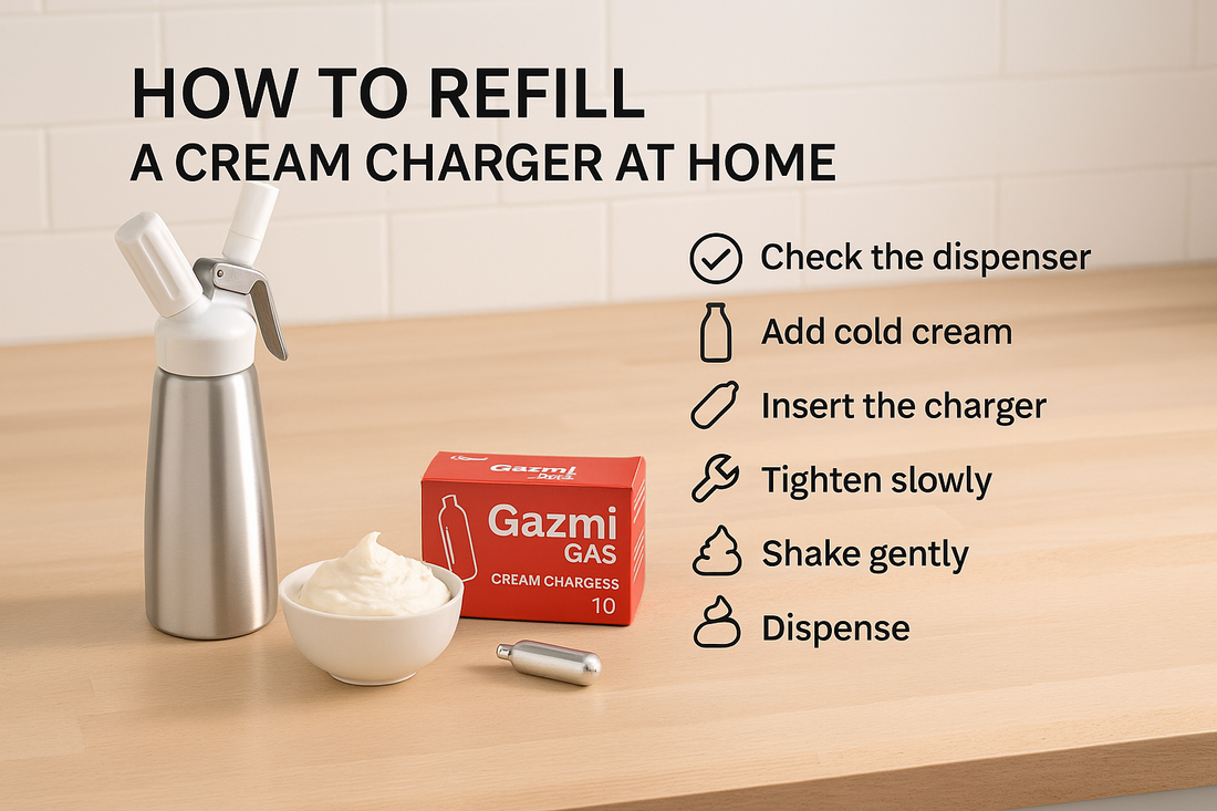 A bright kitchen flat lay featuring a whipped cream dispenser, a bowl of whipped cream, and Gazmi Gas cream chargers on a wooden table. The photo shows safe home use and setup for whipped cream preparation with Gazmigas products.