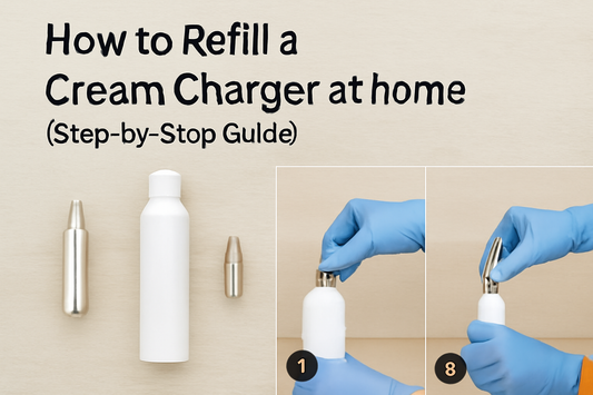 Step-by-step guide on how to refill a cream charger at home. The image shows the necessary tools: an empty cream charger, nitrous oxide canister, refill tool, and gloves, with visual instructions demonstrating the refilling process