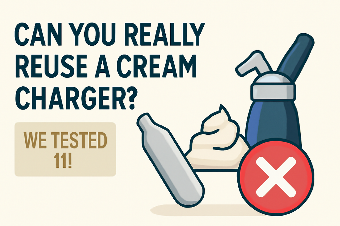 Illustration asking 'Can you really reuse a cream charger?' with a cream charger, whipped cream dispenser, and a red 'X' symbol.