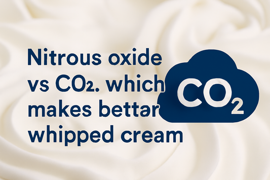'Nitrous oxide vs CO₂: which makes better whipped cream?' in blue text, a 'CO₂' cloud icon, and 'gazmigas' branding.