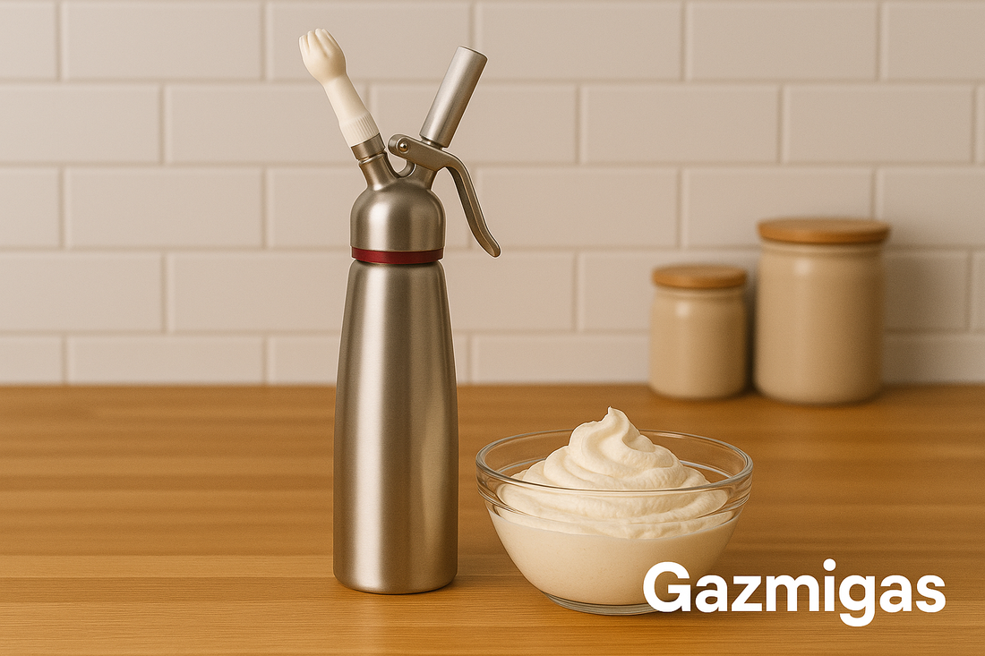 Gazmigas stainless steel whipped cream dispenser next to a bowl of whipped cream on a kitchen countertop.